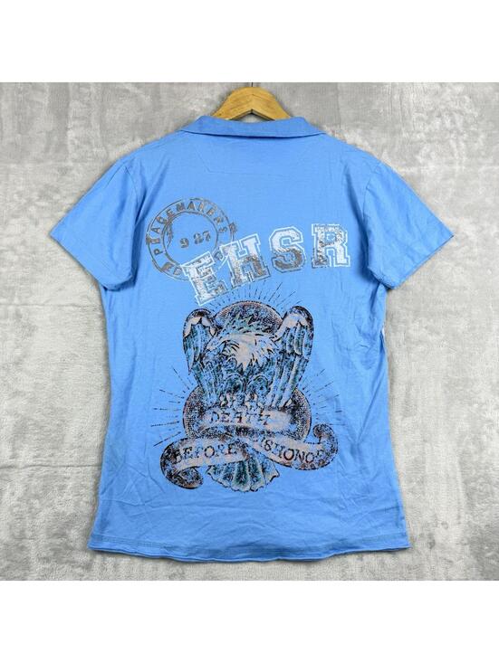 Ed Hardy Tops - Ed Hardy Eagle Graphic Polo Shirt Womens S Blue Y2K Tiger Tattoo Rainstone NWTT